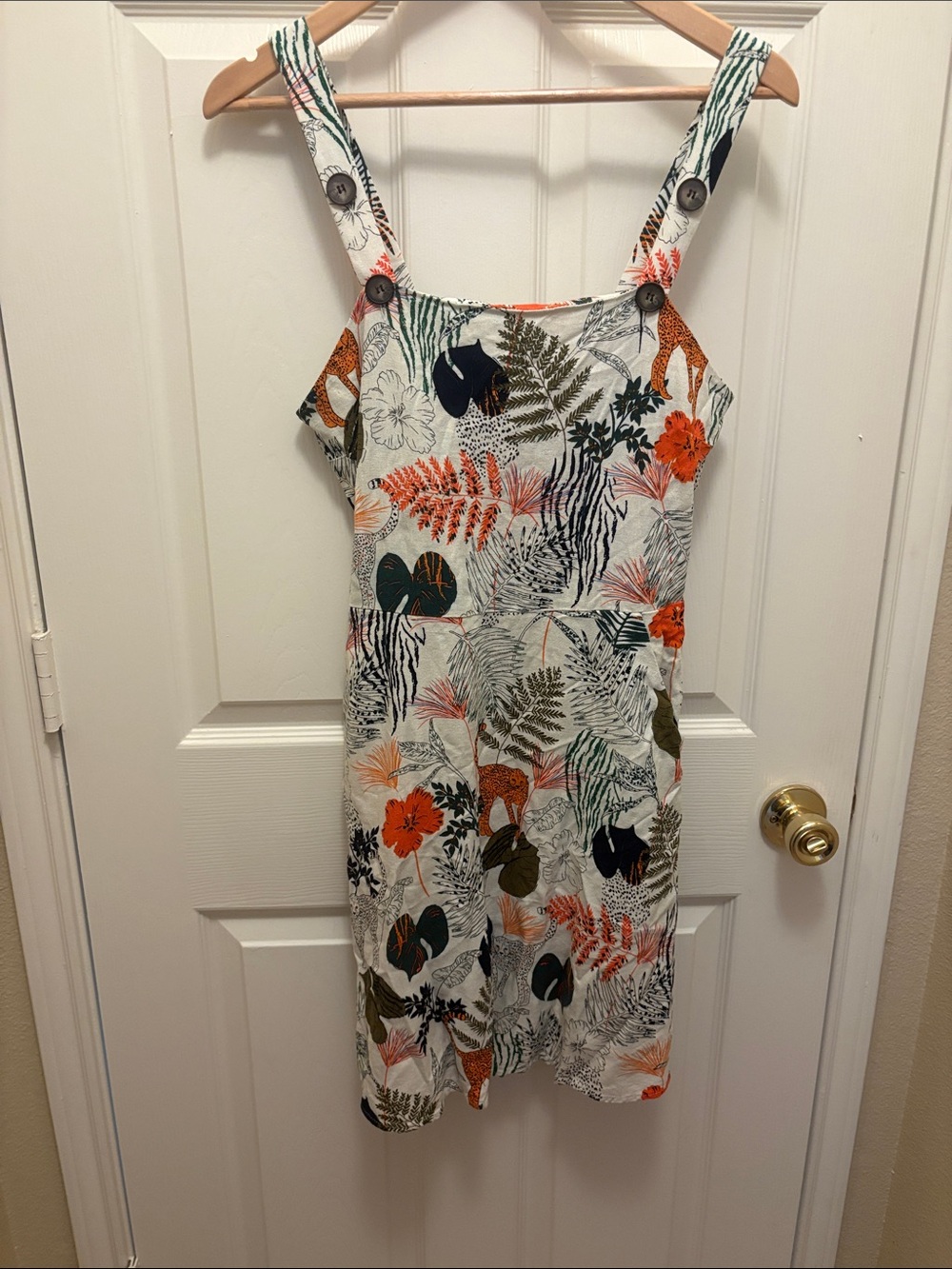 Tropical Floral Tie-Shoulder Mini Dress in White, Green & Orange A043